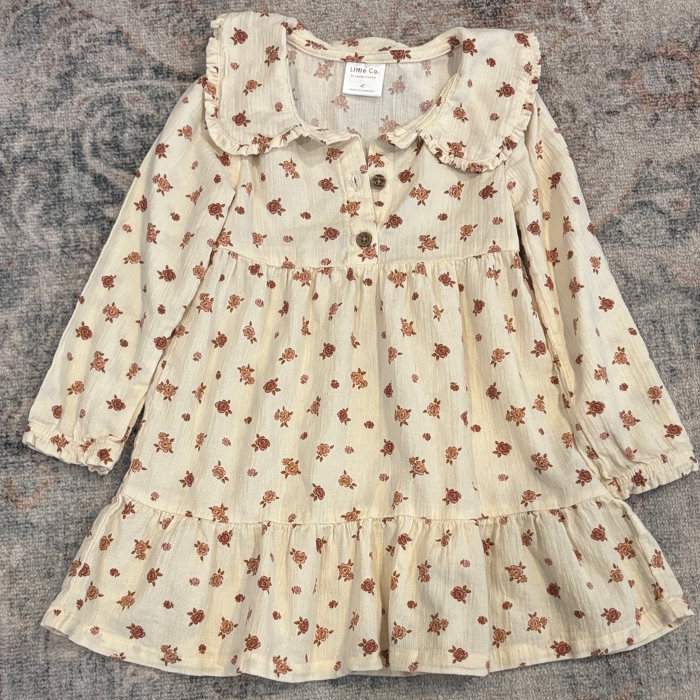 Little Co. Cream and Brown Floral Kids Dress